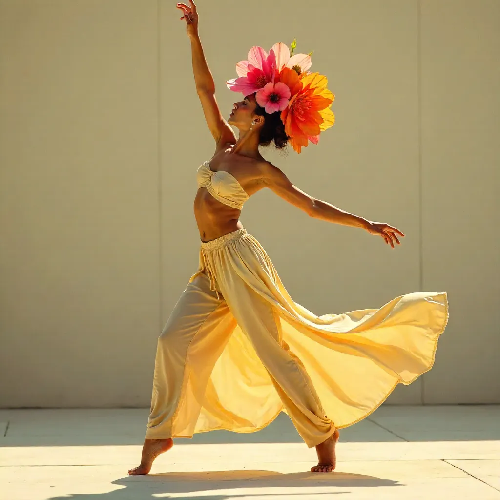 Expressive Outdoor Dancer with Floral Headpiece