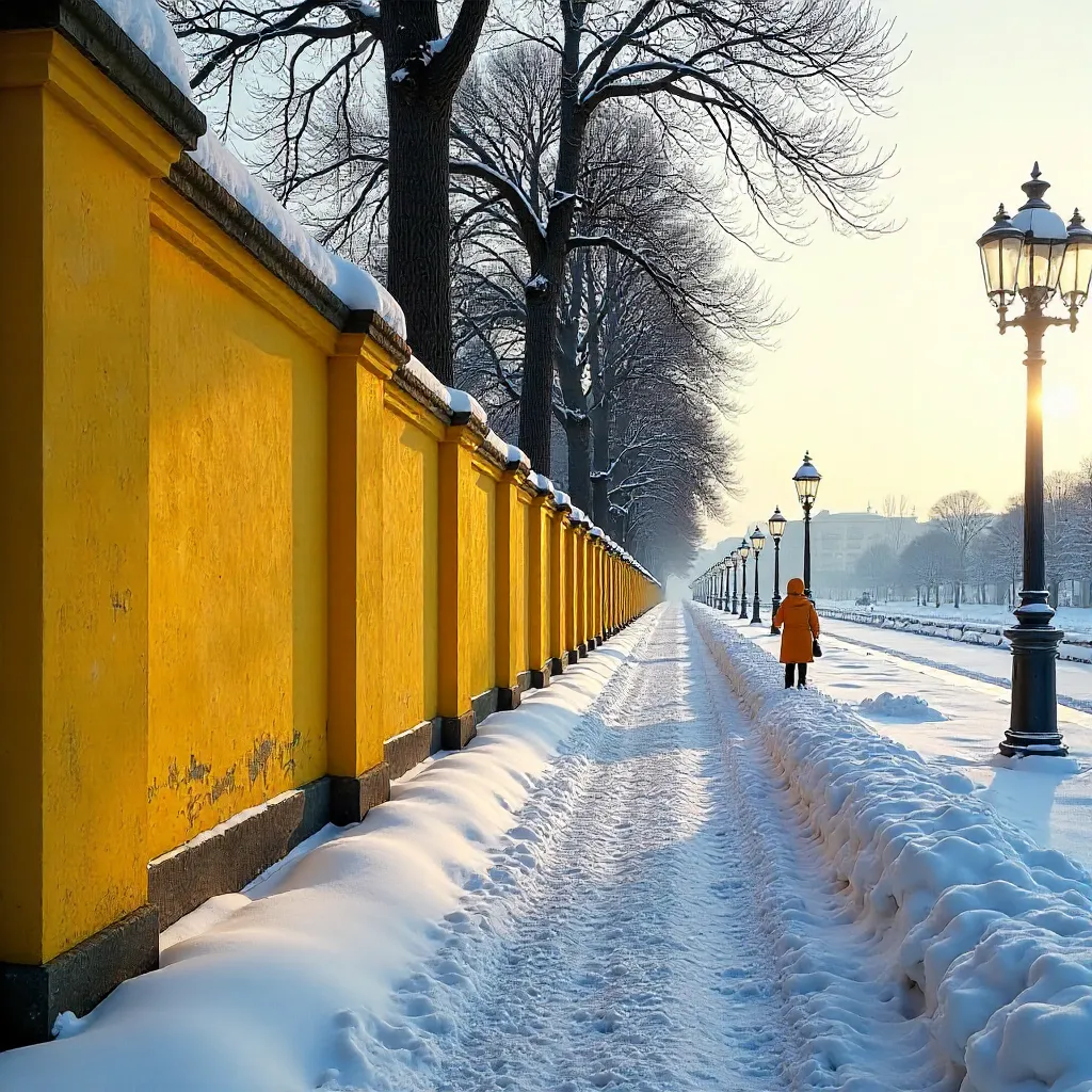 Snowy Berlin Park: Yellow Wall with Arches