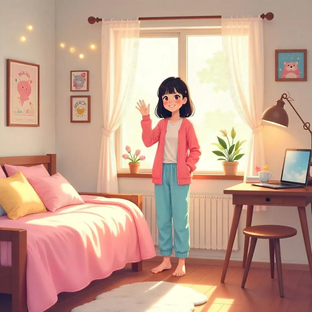 Cheerful Asian Girl in a Cozy Anime Bedroom