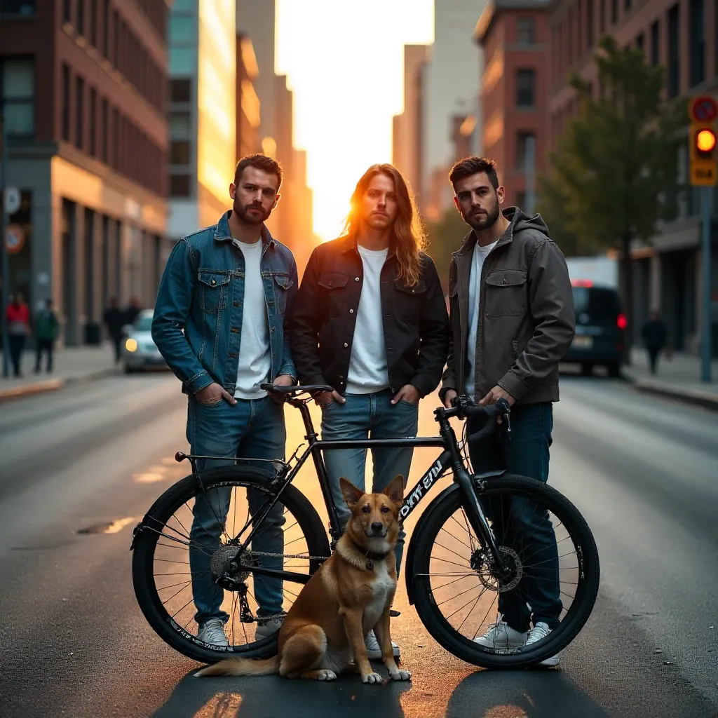 Urban Street Style Trio on a Deserted Road with Bike and Dog