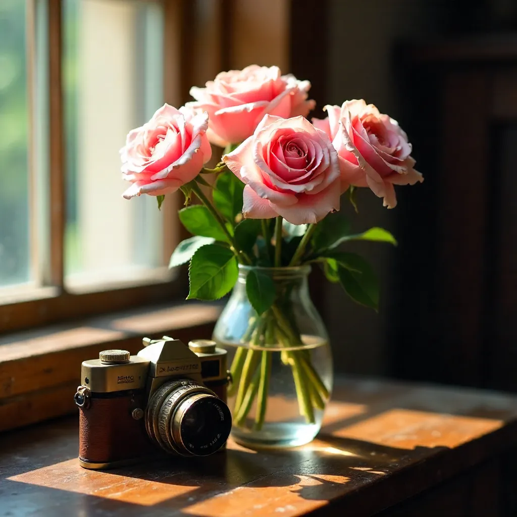 Nostalgic Pink Roses and Vintage Camera on Wood