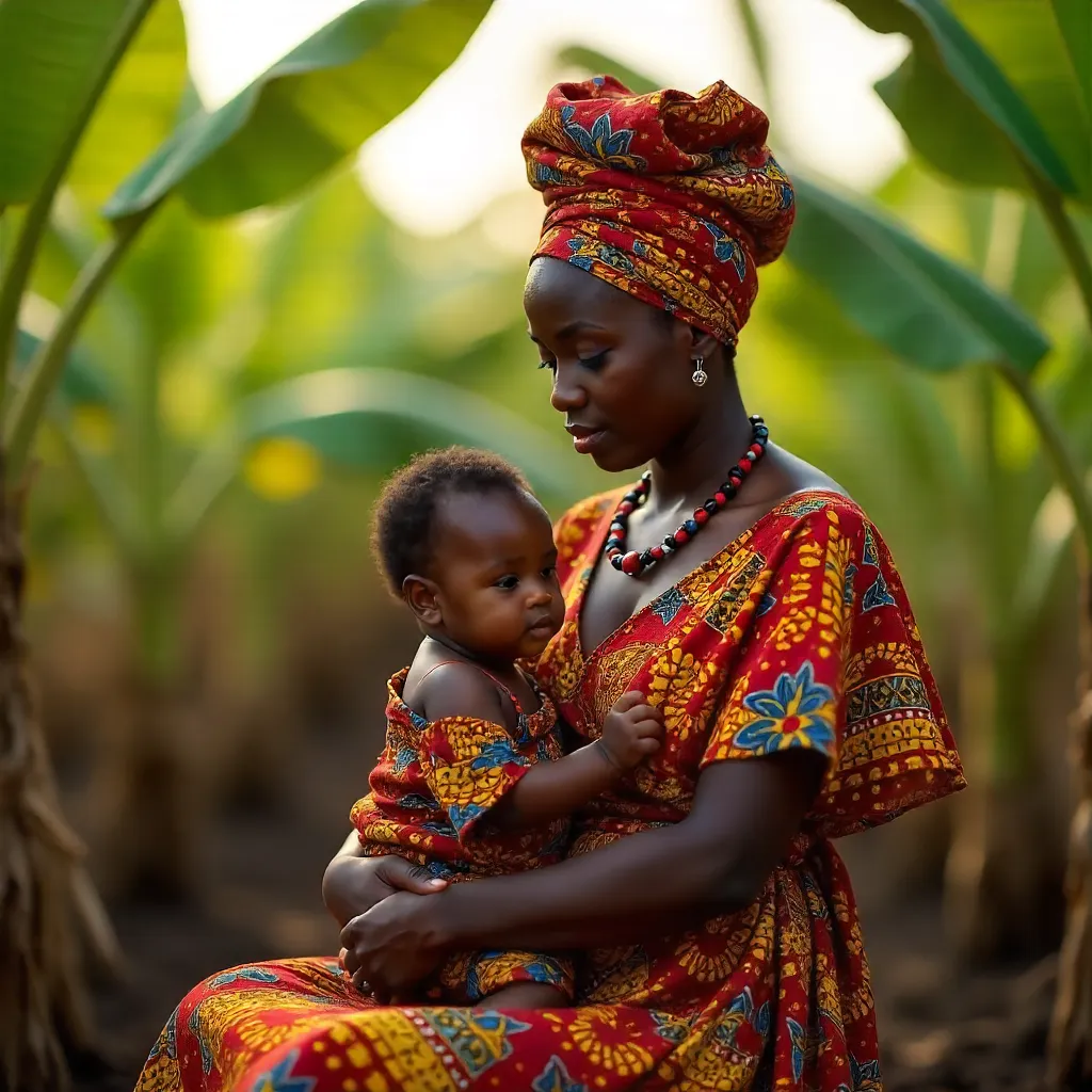 Serene Bond: Mother and Child Among Banana Plants