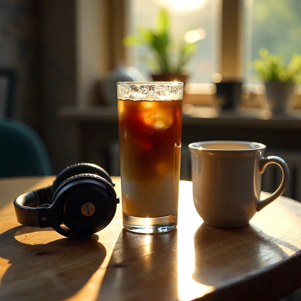 Bright Morning Table with Iced Coffee, Headphones, and Mug