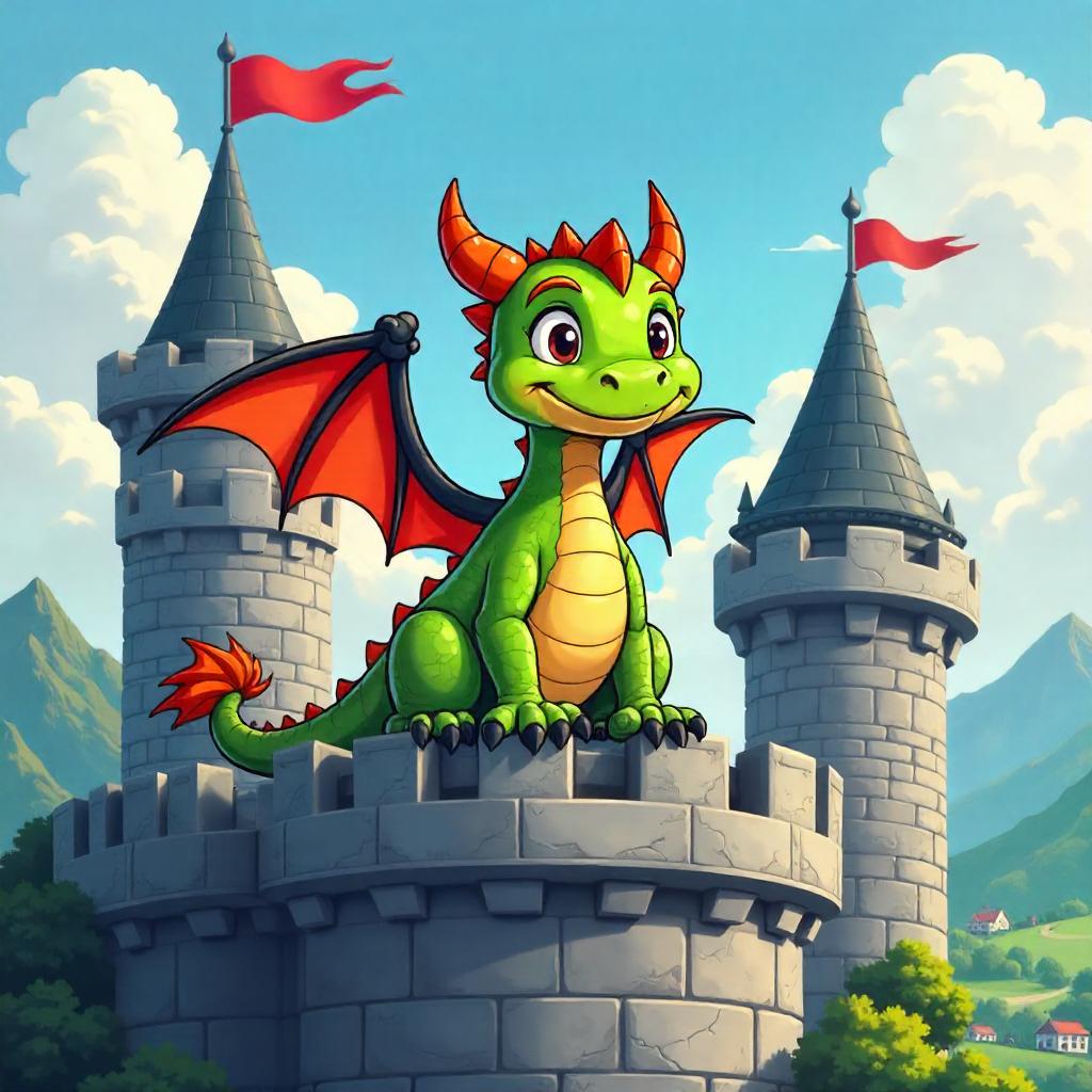 Cartoon Wyvern on Castle Battlements