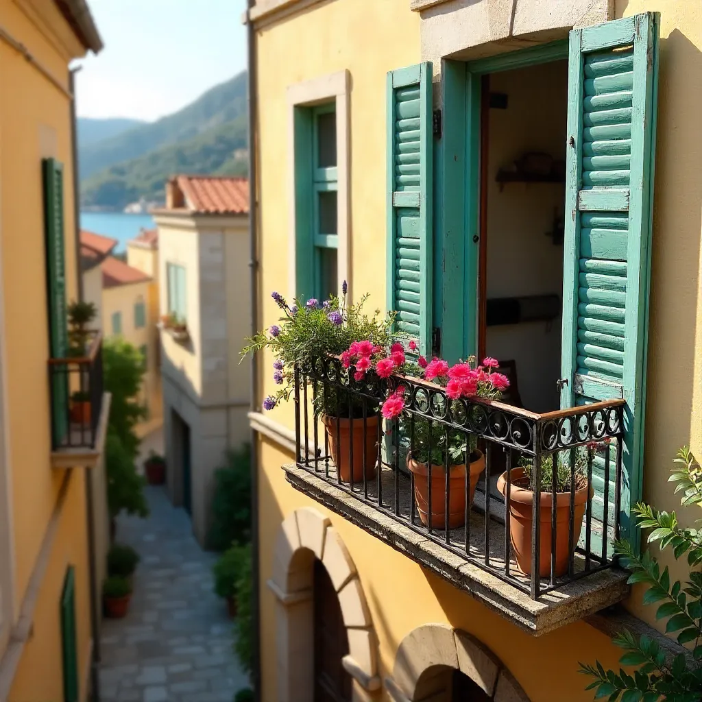 Charming Corfu Balcony with Potted Plants and Vintage Architecture