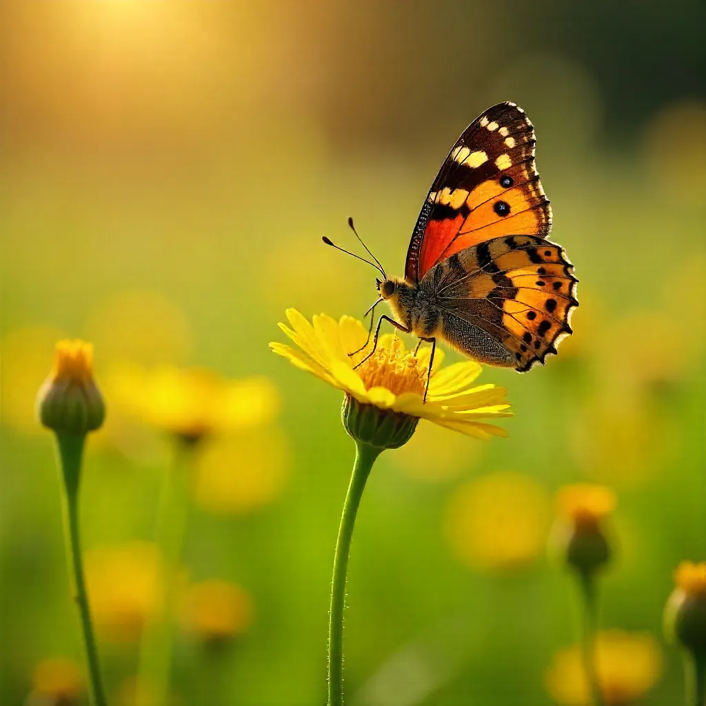 Butterfly on Yellow Wildflowers in a Sunny Meadow
