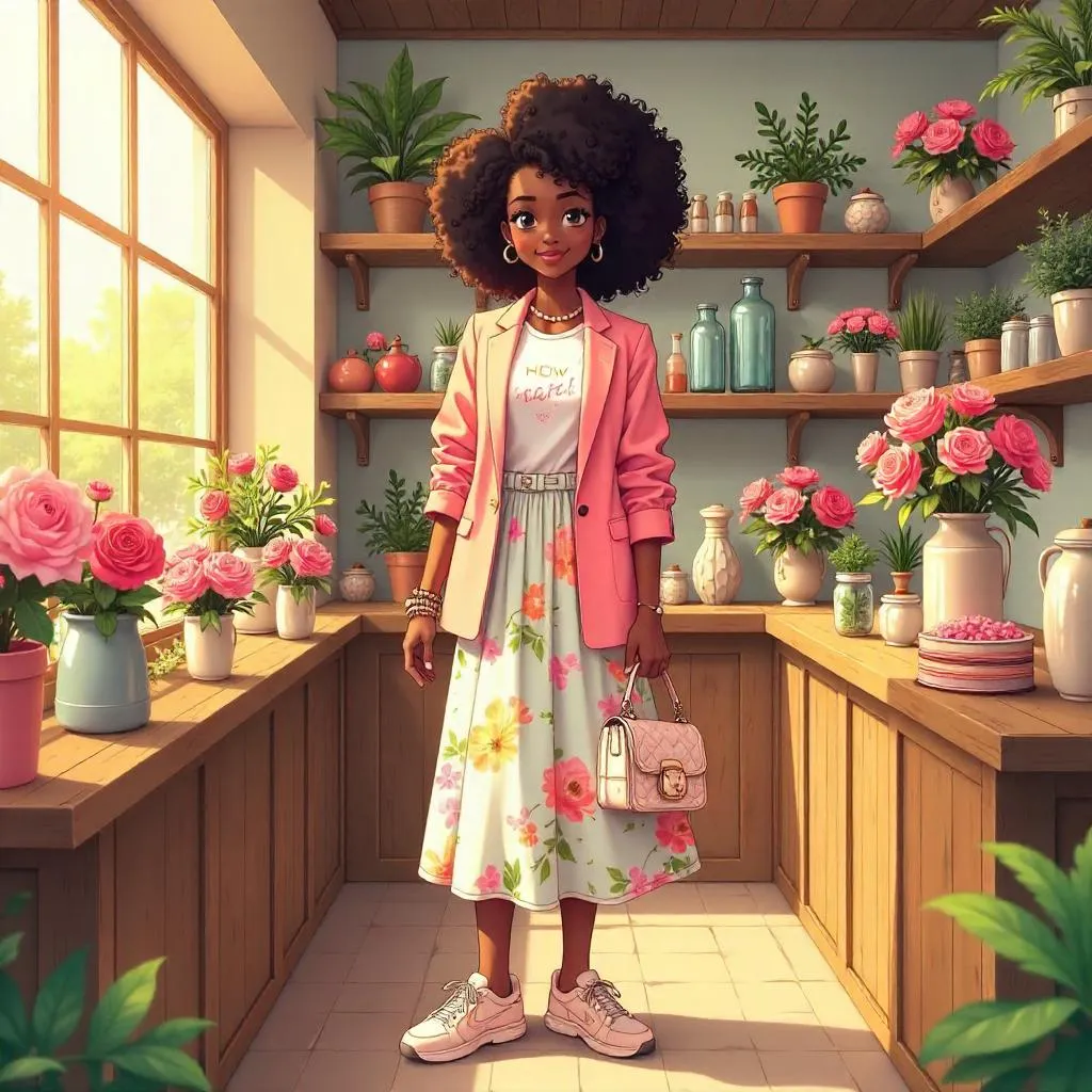 Stylish Black Girl in a Flower Shop: Anime Vibe