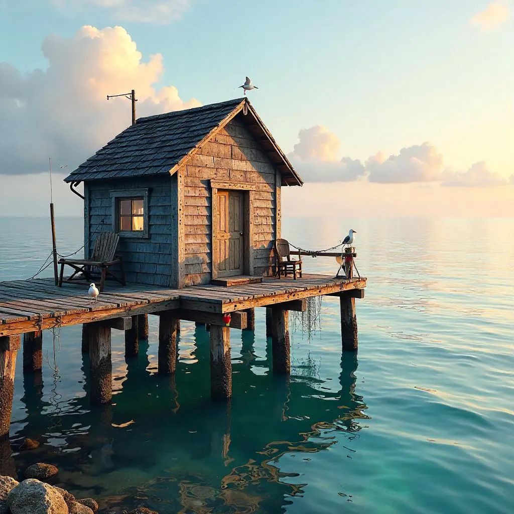 Photorealistic Hut at the End of a Weathered Pier at Sunset