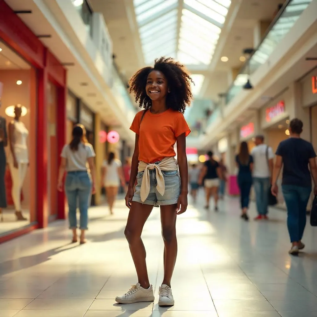 Cheerful Black Girl in a Modern Shopping Mall