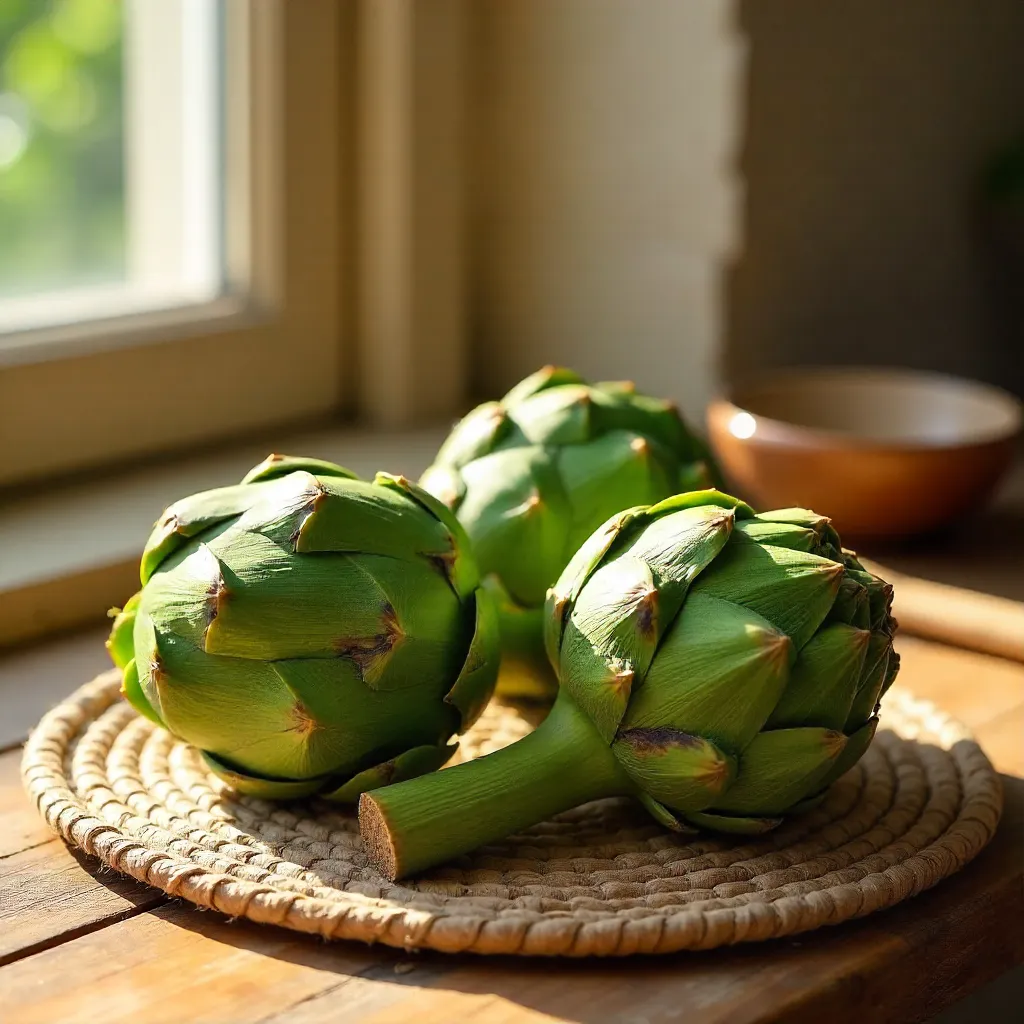 Fresh Artichokes on a Woven Table Mat