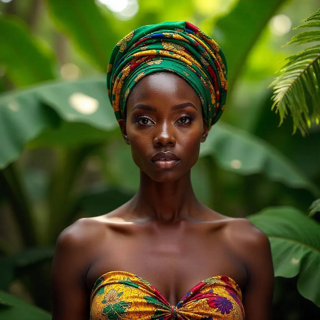 Stunning Portrait in Green Oasis with Traditional Headwrap