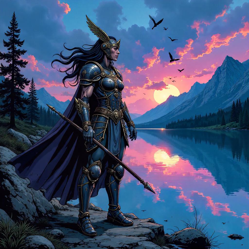 Valkyrie by the Moonlit Lake – Comic Style