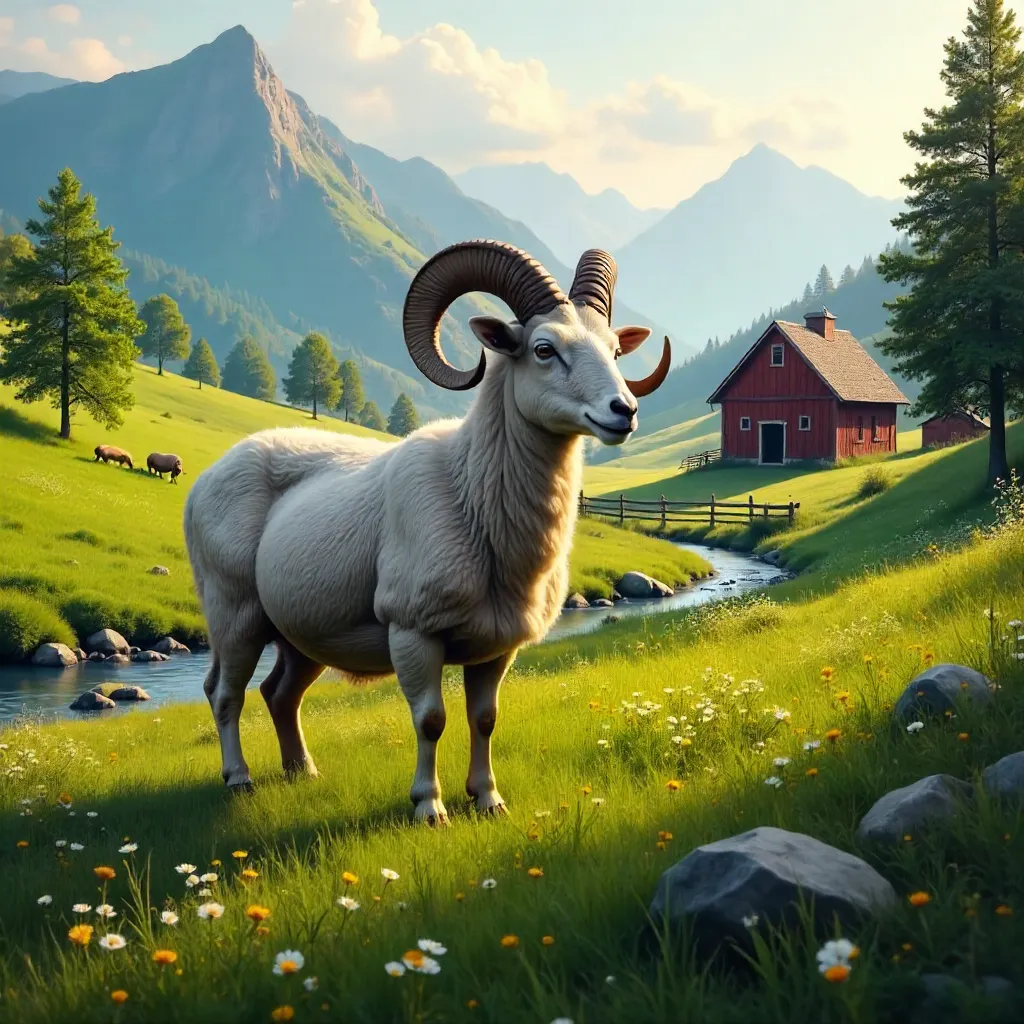 Ram in Rustic Swedish Countryside at Golden Hour