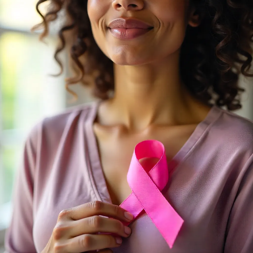 Close-Up Portrait: Woman with Pink Ribbon