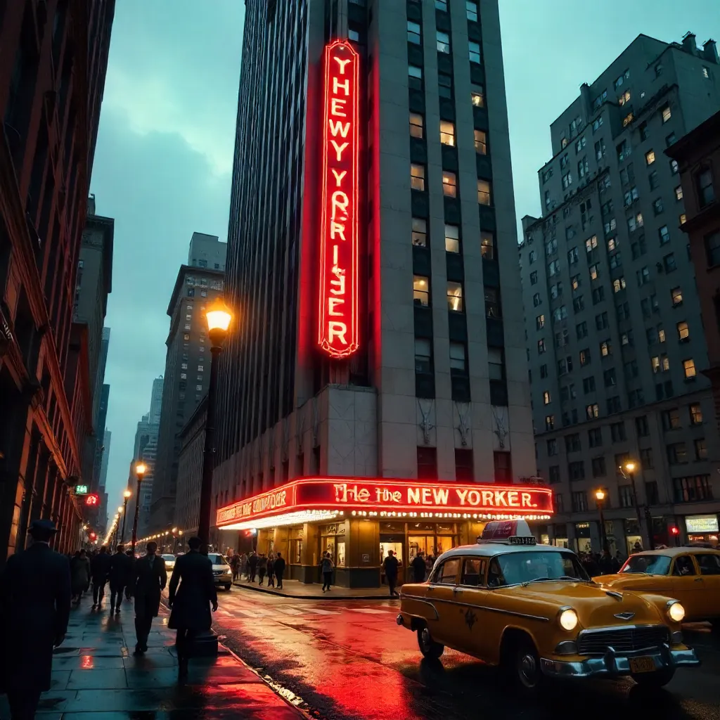 Neon Red Sign and Art Deco Facade of The New Yorker