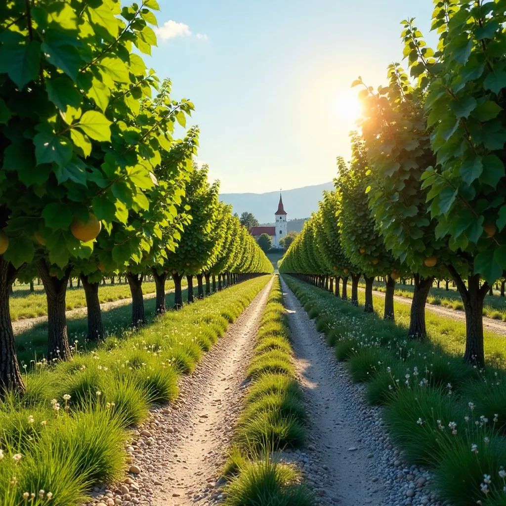 Serene Daylight Path Through a Romanian Orchard