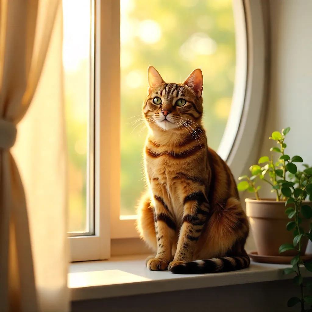 Sunlit Tabby on a Circular Window Ledge