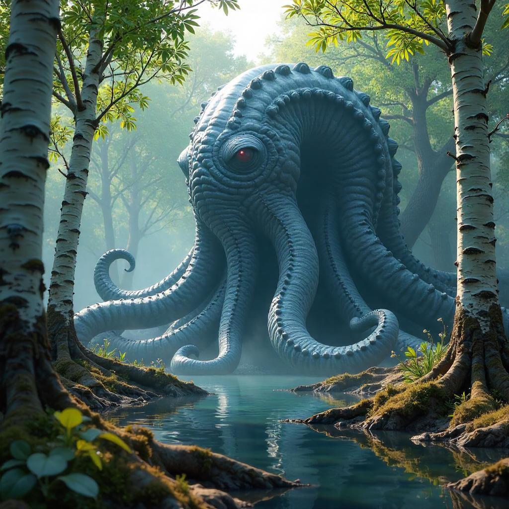 Kraken Emerges in a Birch Forest: Photoreal 3D Render