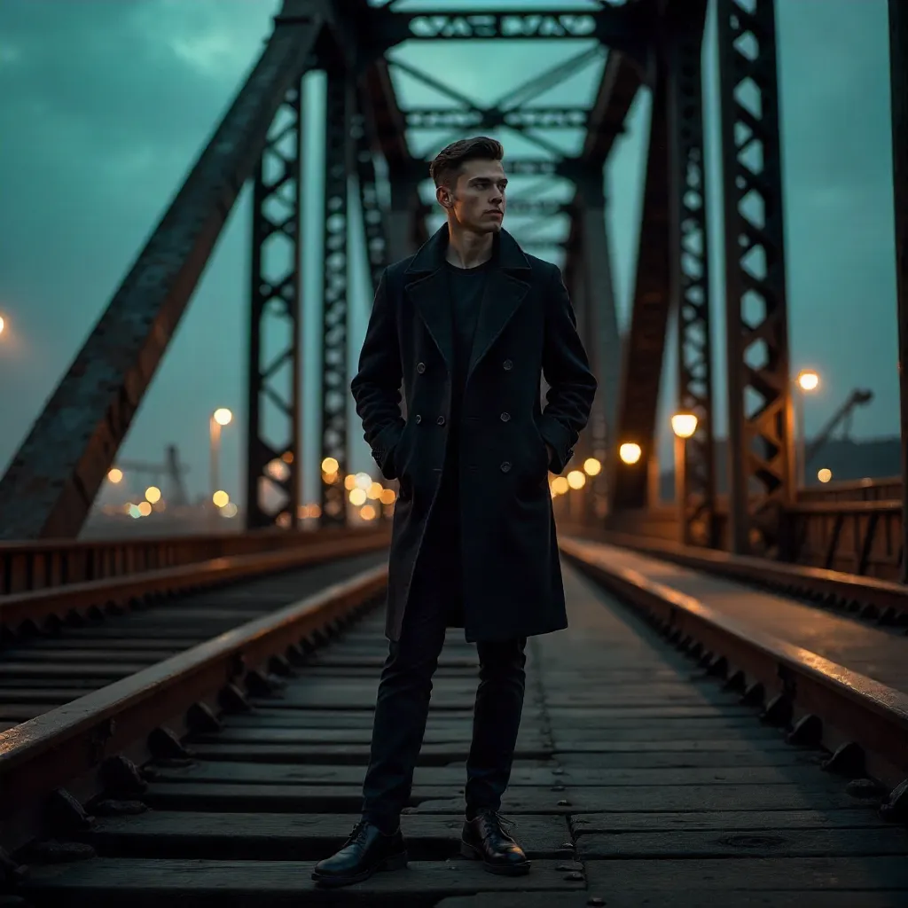 Dusk on the Industrial Bridge: Man in a Black Coat