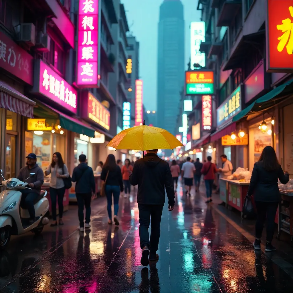 Yellow Umbrella in a Colorful Hong Kong Street