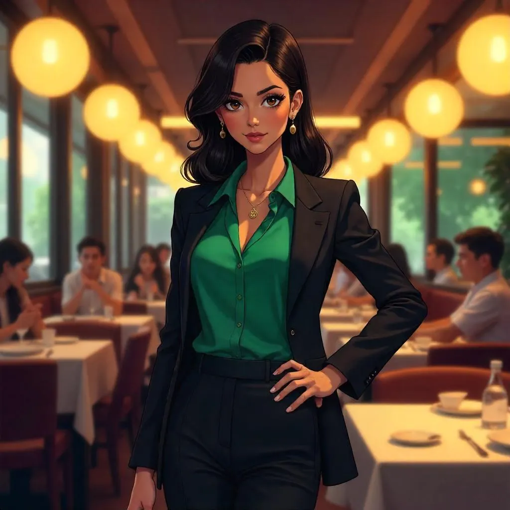 Confident White Woman in an Upscale Anime Restaurant