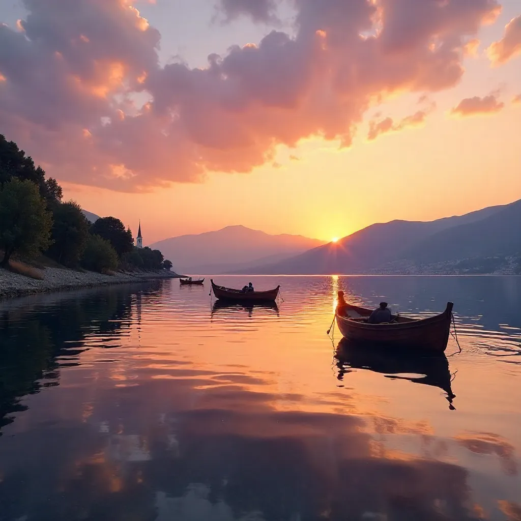 Serene Lake Ohrid Sunset with Tranquil Boats