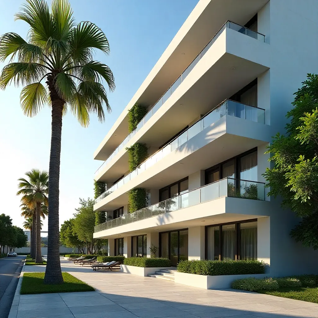 Sunny Day View: Modern Apartment with Palm