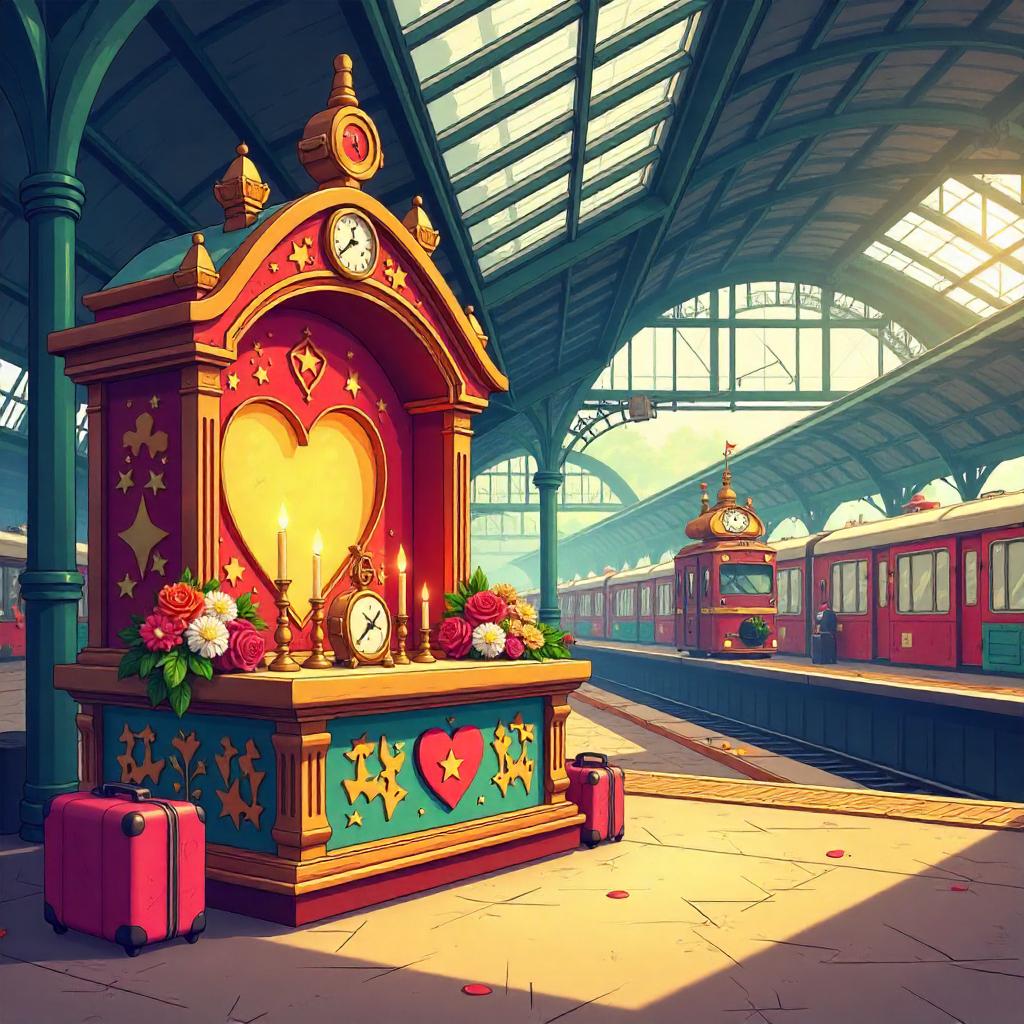Cartoon Altar in a Bustling Train Station