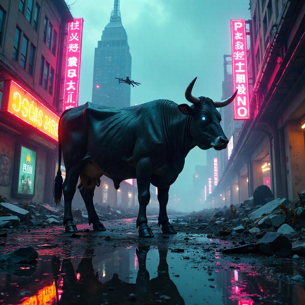 Neon Cow Surviving the Ruined Cyberpunk City
