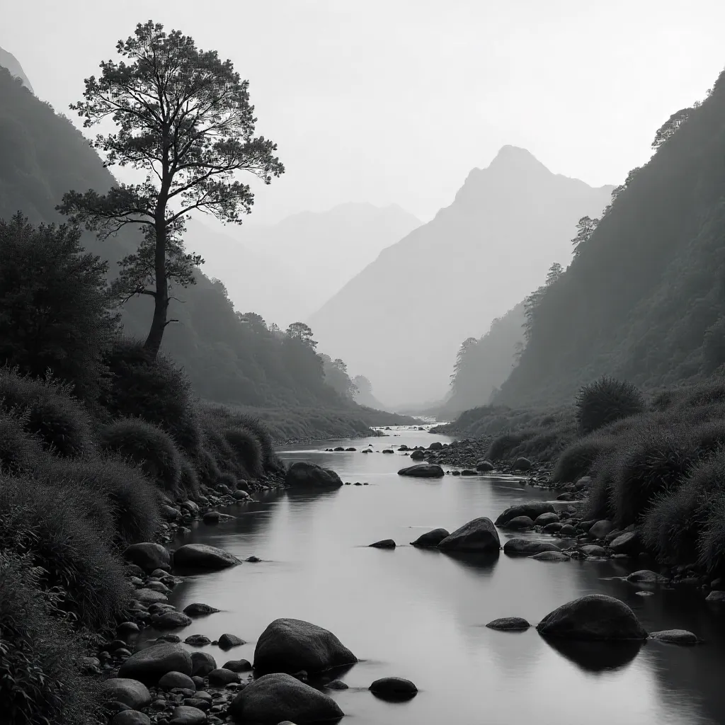Serene Black-and-White Mountain River in Mist