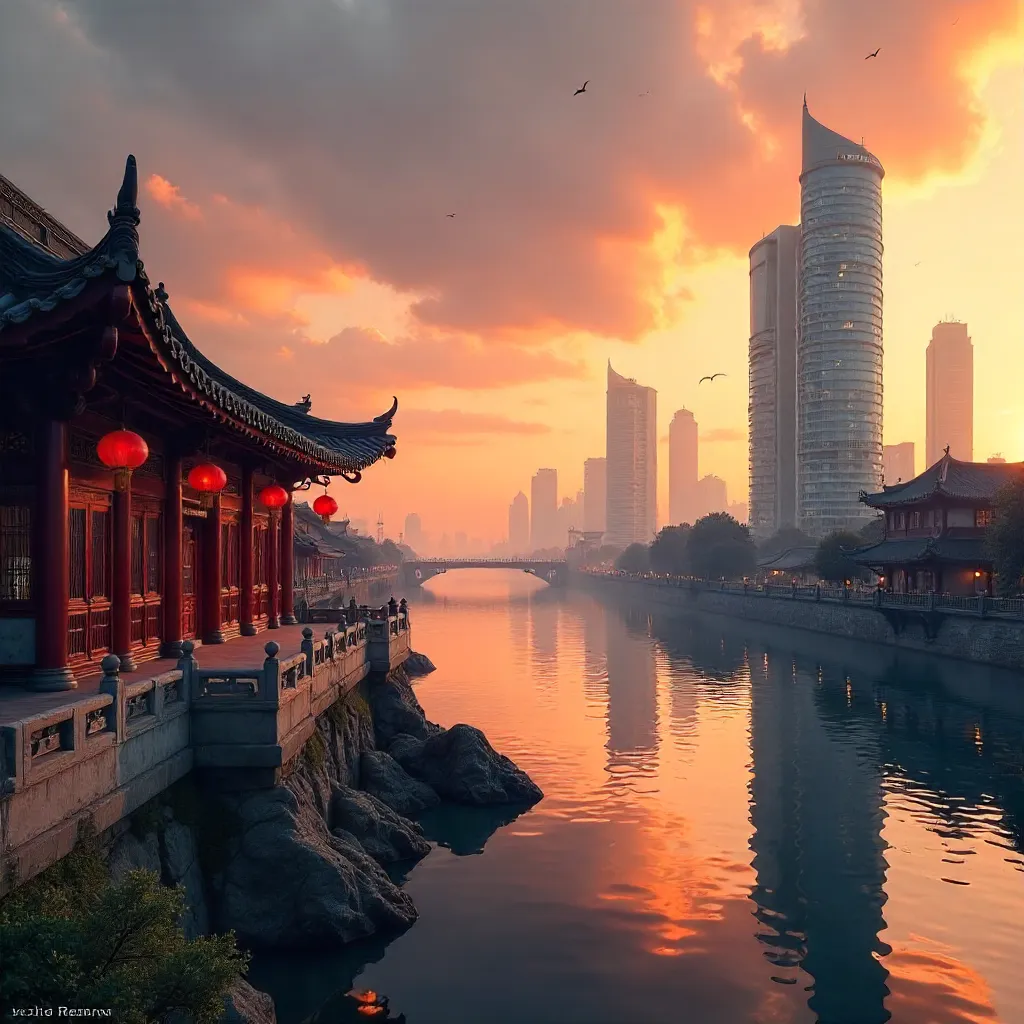 Sunset Duel: Traditional Chinese Roofs vs Skyscrapers
