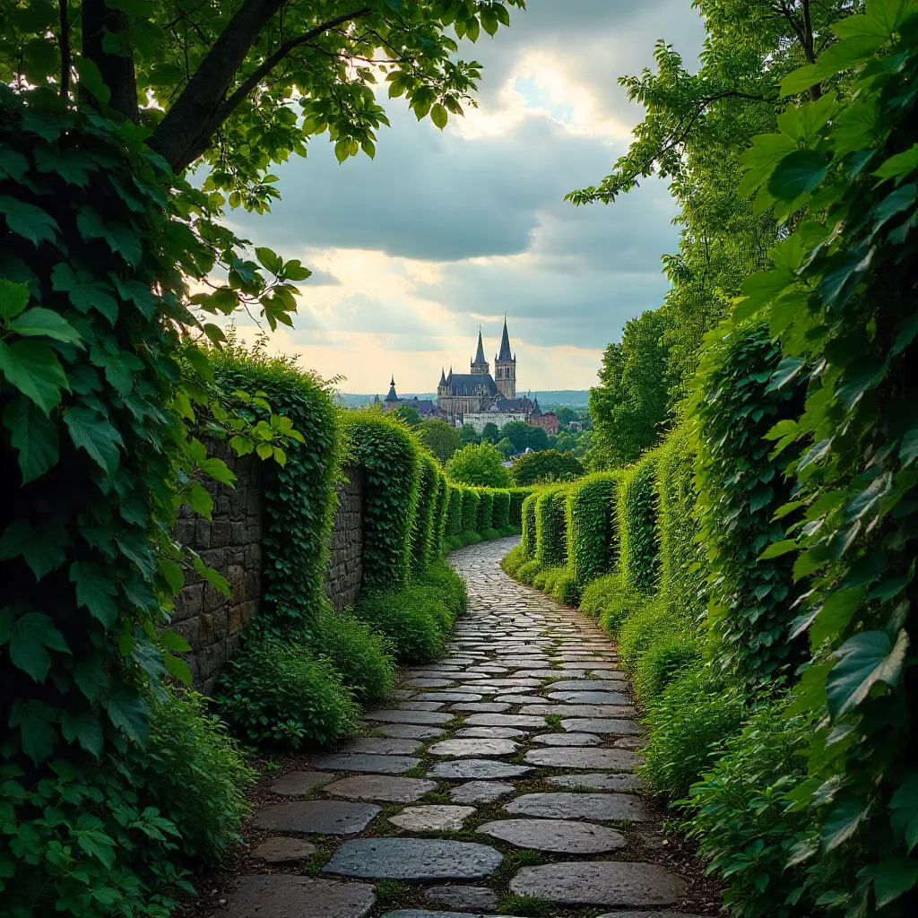 Path Through Greenery to Distant Spires Under Clouds