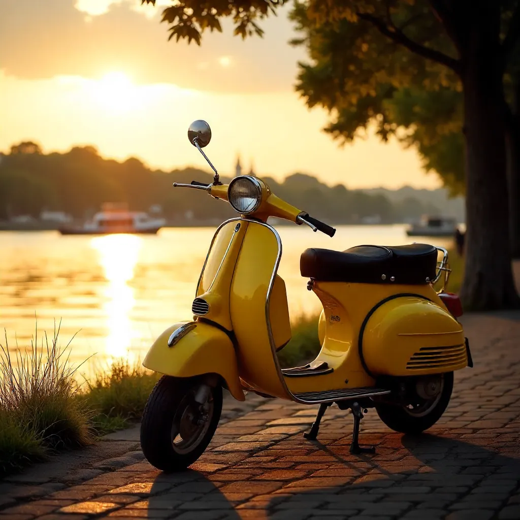 Golden Hour Riverside: Vintage Yellow Scooter