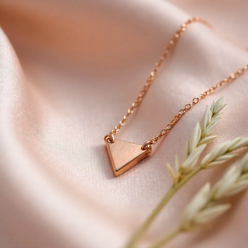 Delicate Triangle Pendant Necklace on Pink Fabric with Dried Grass Accents