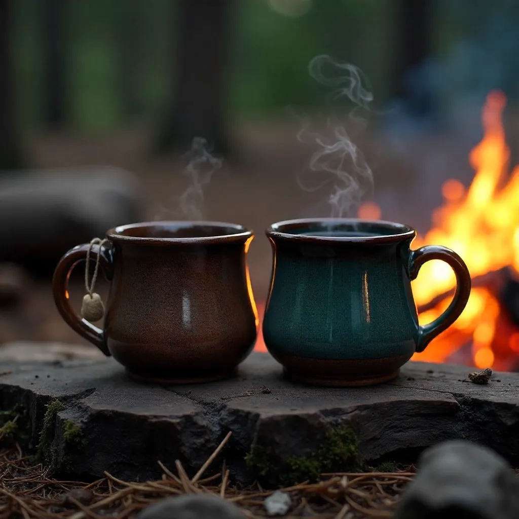 Close-Up Tea and Coffee Mugs by a Campfire