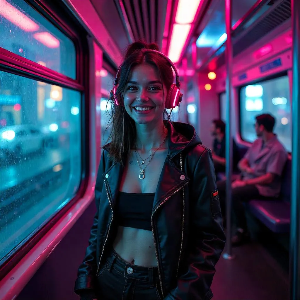 Cheerful Cyberpunk Woman on a Neon Train
