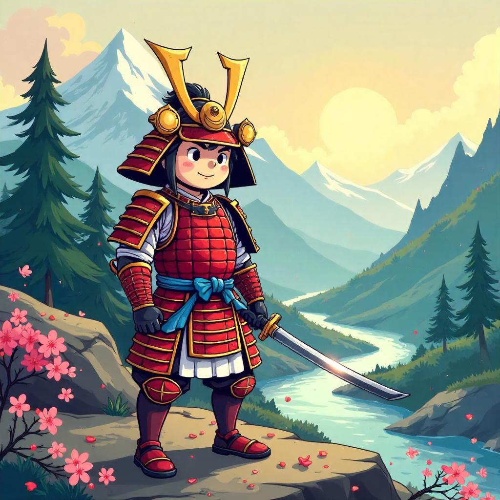 Cartoon Samurai in a Mountain Valley