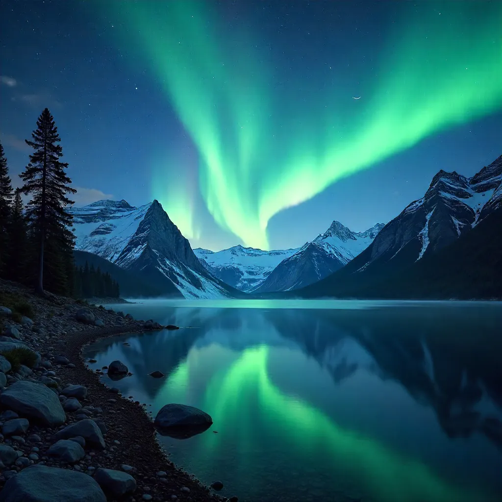 Aurora Over a Tranquil Alpine Lake at Night