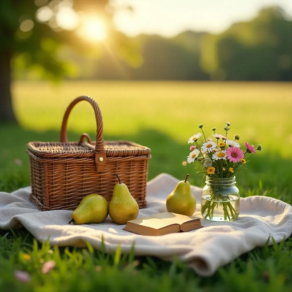 Serene Outdoor Picnic with Basket, Pears, and Flowers