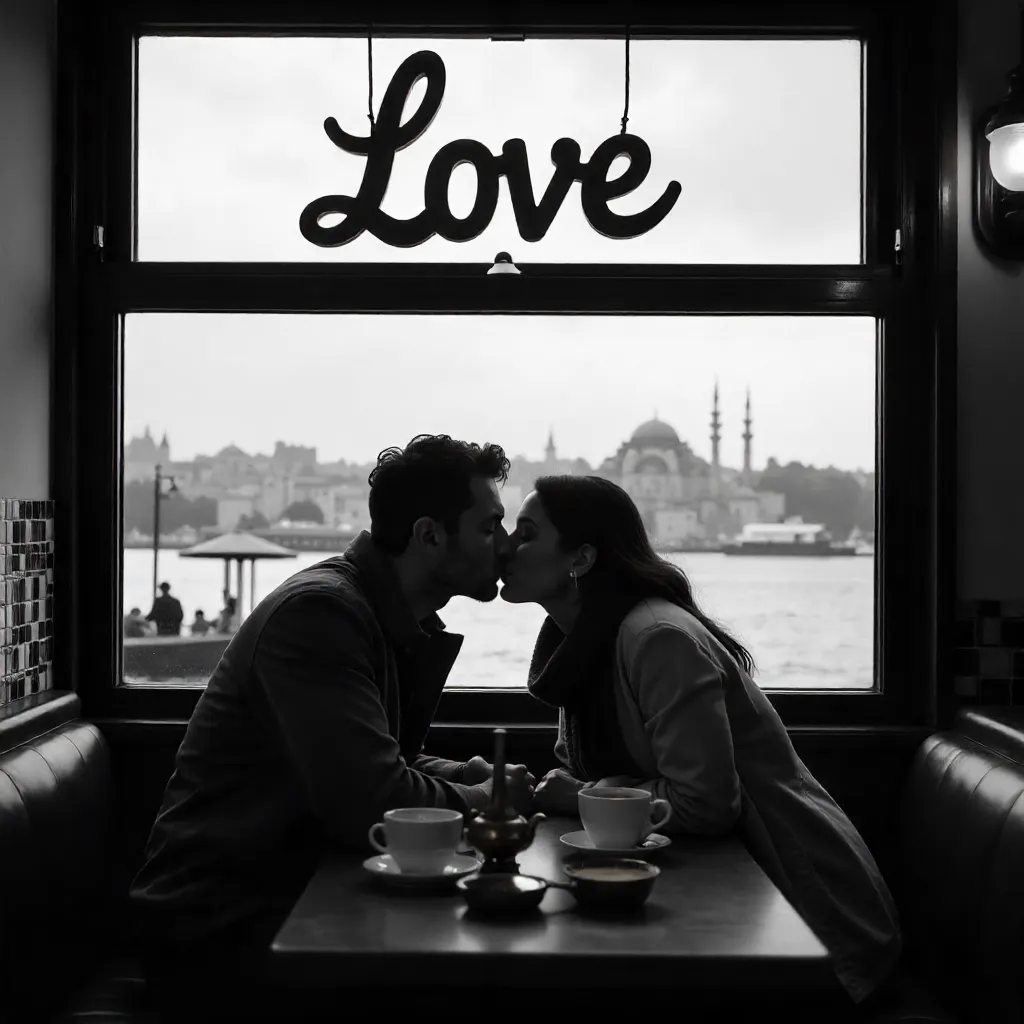 Black and White Kiss Under a Large LOVE Sign in Istanbul