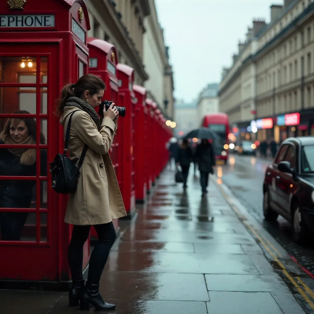 London Street Photographer among Red Phone Booths