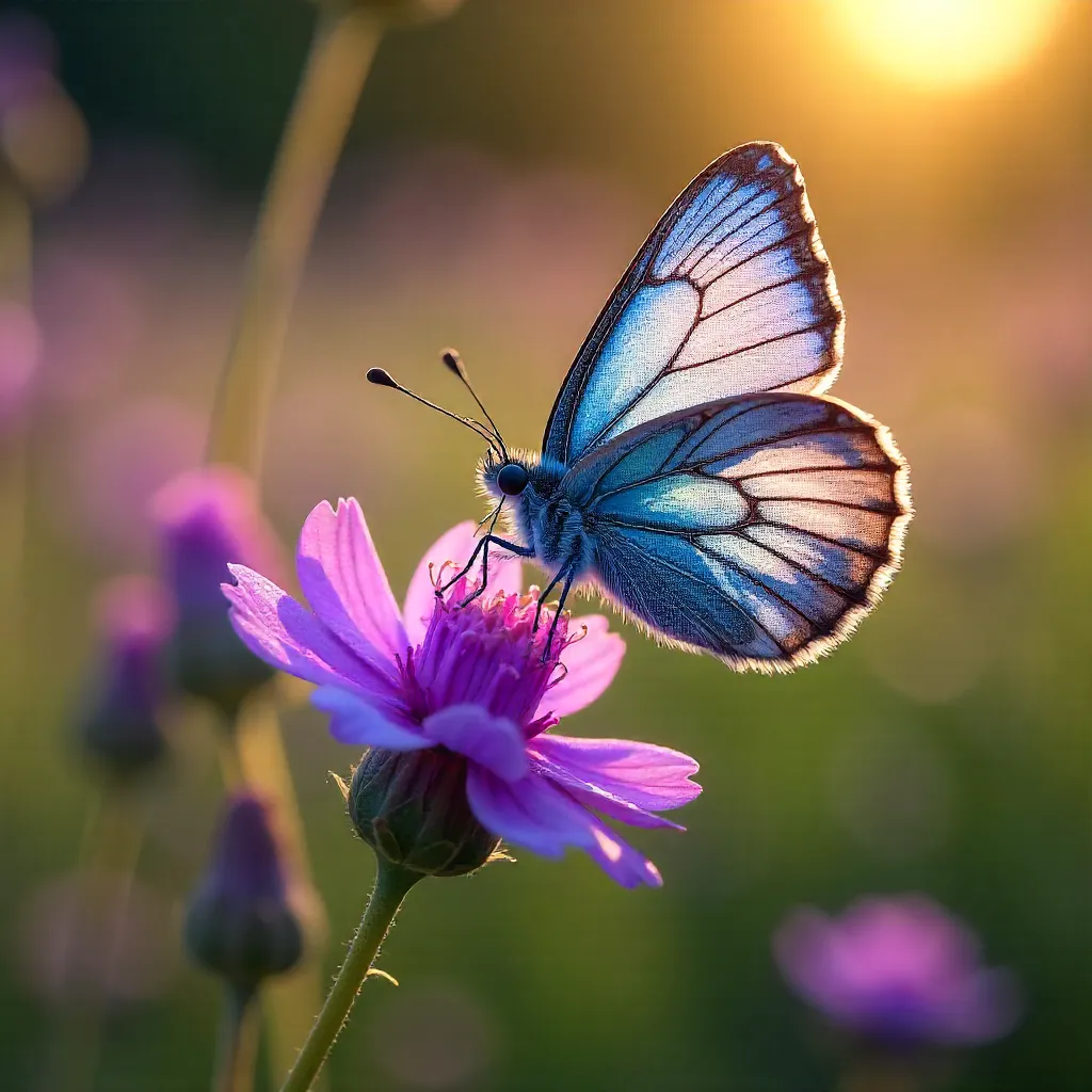 Butterfly on Purple Wildflowers in a Sunlit Meadow