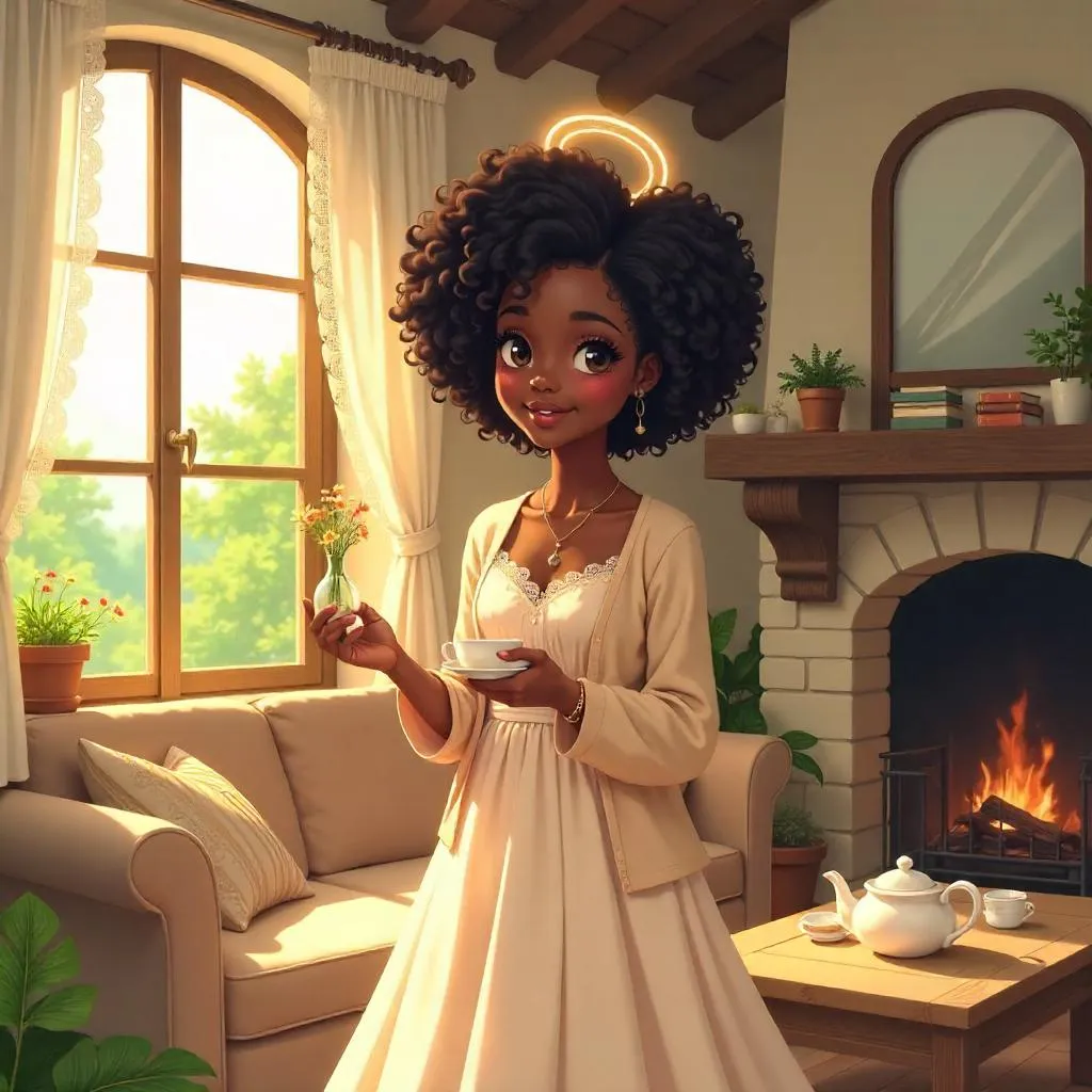 Elegant Black Girl in a Cozy Cottage (Anime)
