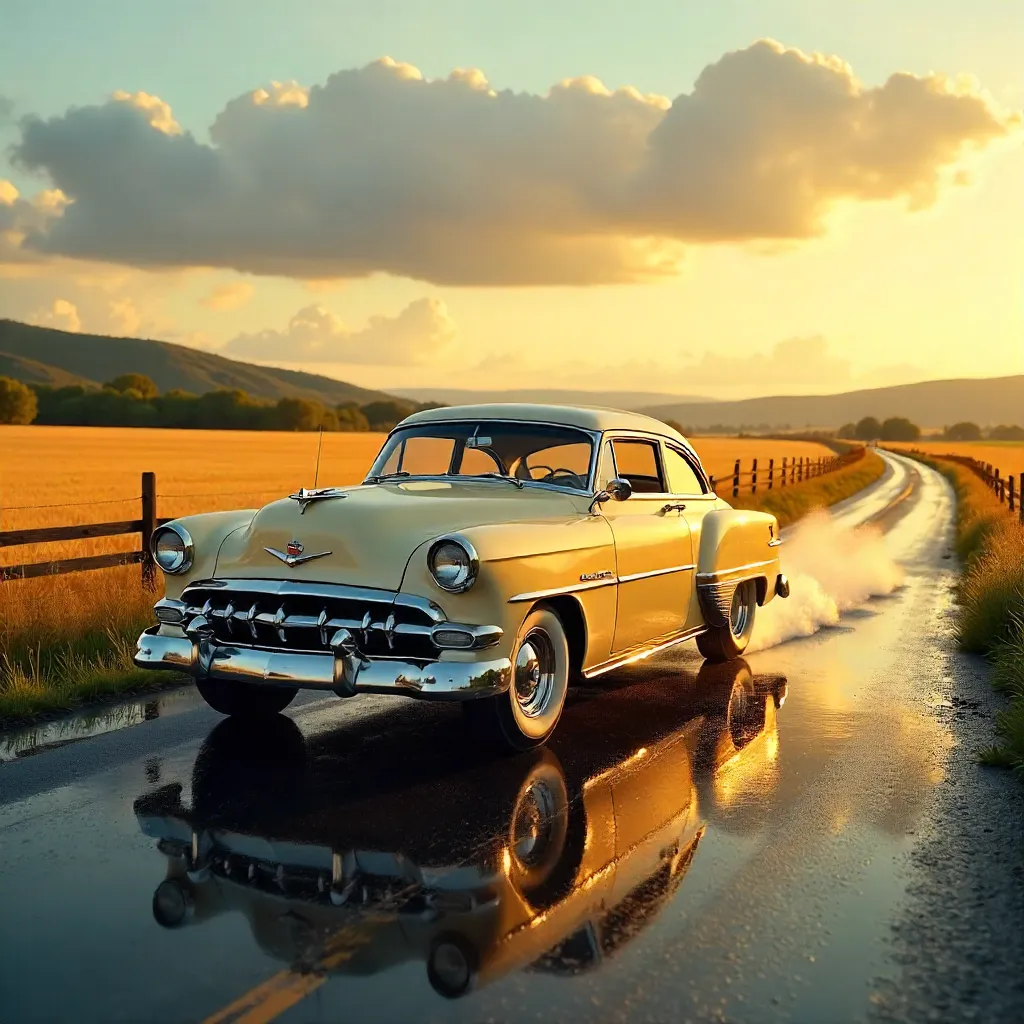 Vintage Car on a Wet Golden Country Road