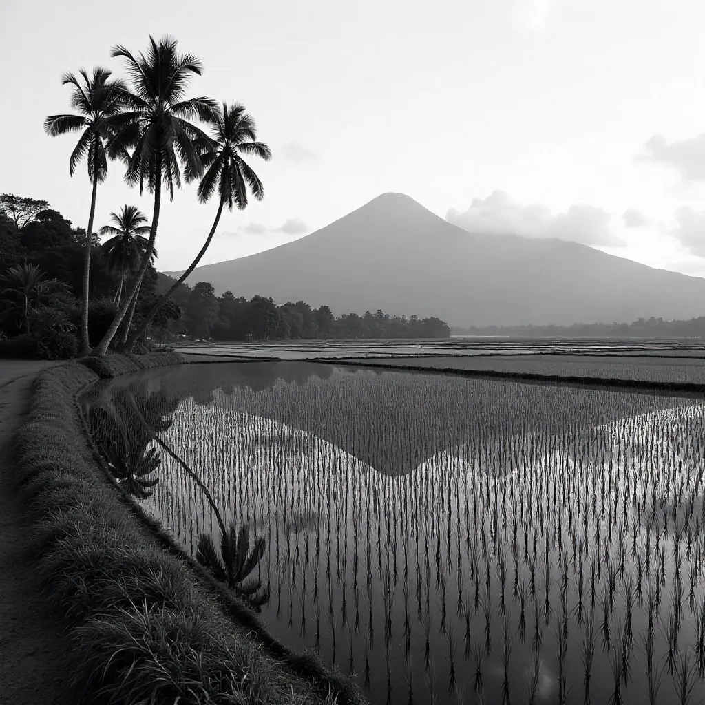 Monochrome Palm Trees Over Yogyakarta Rice Field with Mountains