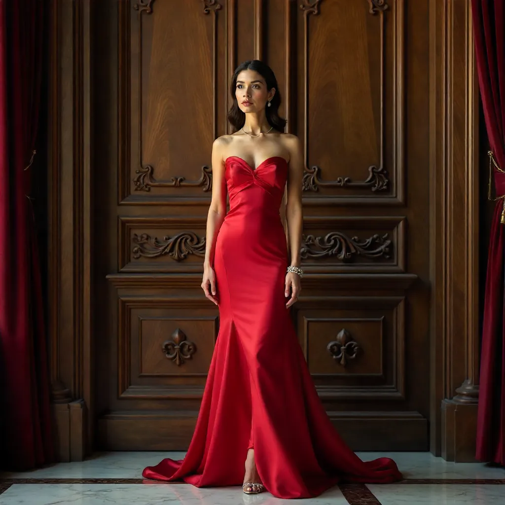 Graceful Red Dress by Carved Wooden Door