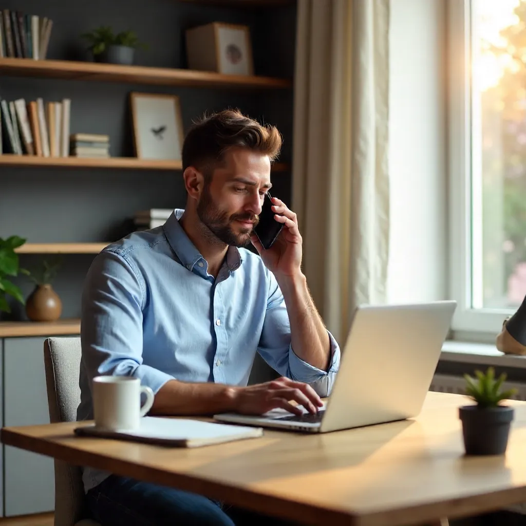 Home Office: Man on Phone While Working on Laptop