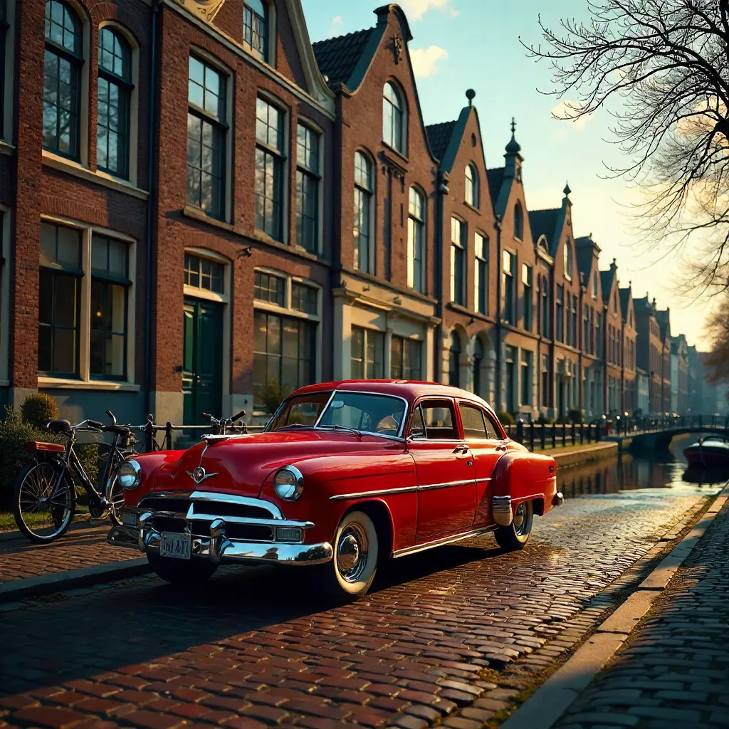 Vintage Red Car in Front of Historic Amsterdam Canal Houses