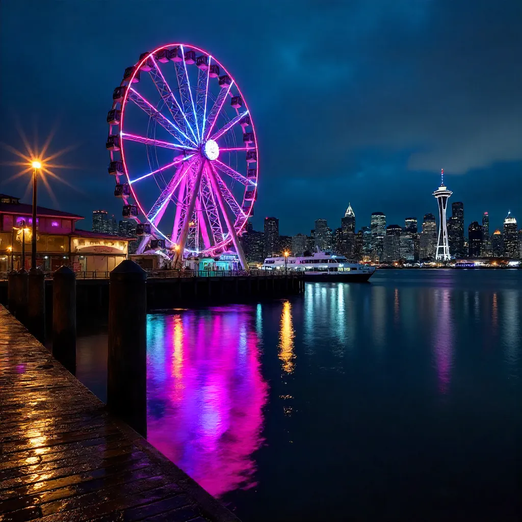 Vibrant Night View: Seattle Great Wheel & Waterfront