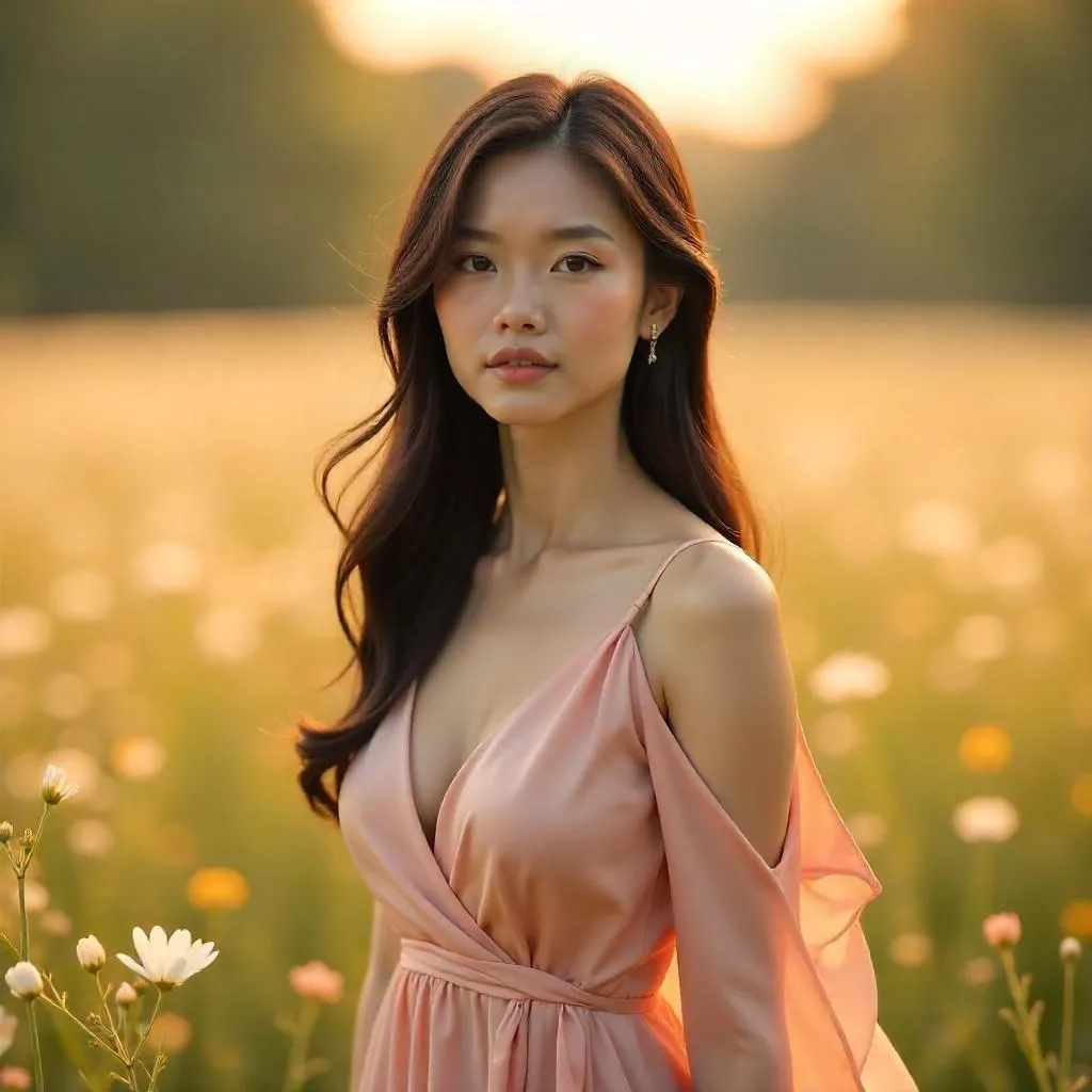 Elegant Asian Woman in a Field of Flowers